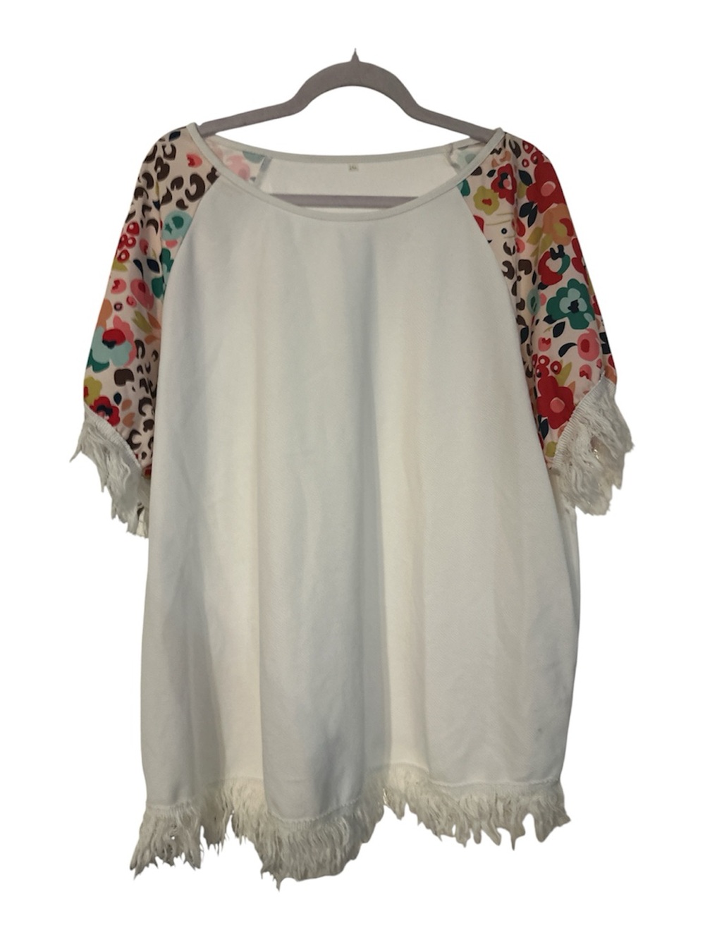 Emery rose new White Fringe Raglan Tunic with Multicolor Floral Raglan Sleeve 2x